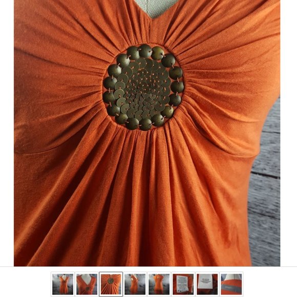 NWT Smart Set Orange V Neck Embellished Circle Gathered Tunic Tops Blouse sz S - Picture 4 of 9